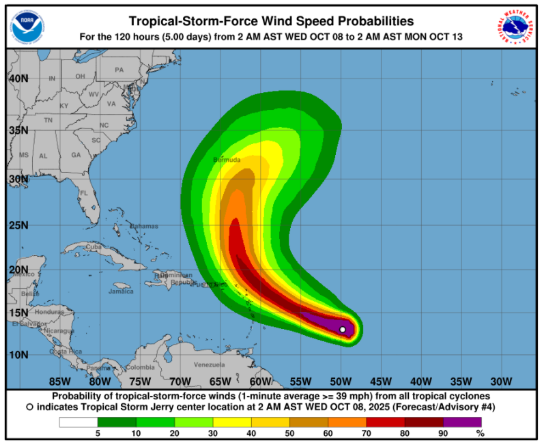 La tormenta Jerry podría convertirse en huracán el jueves camino a las Islas de Sotavento