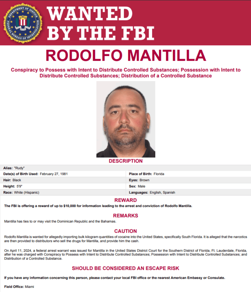 El FBI emite alerta pública y ofrece recompensa por presunto narcotraficante que podría estar en RD