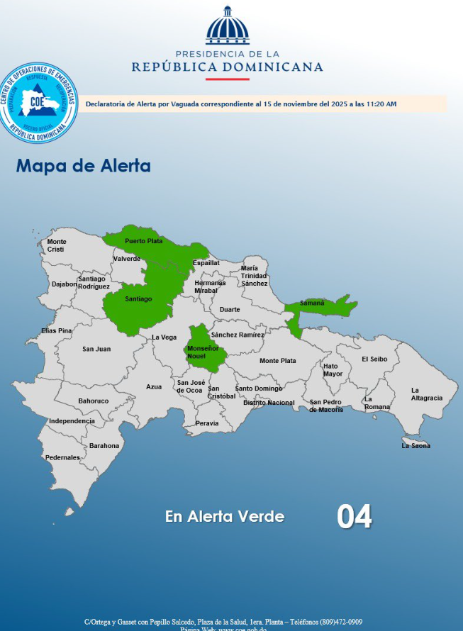 COE coloca en verde a 4 provincias por efectos de la vaguada pronosticada por INDOMET