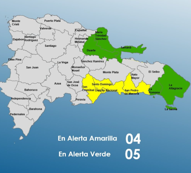 COE coloca cuatro provincias en alerta amarilla y mantiene cinco en verde por vaguada
