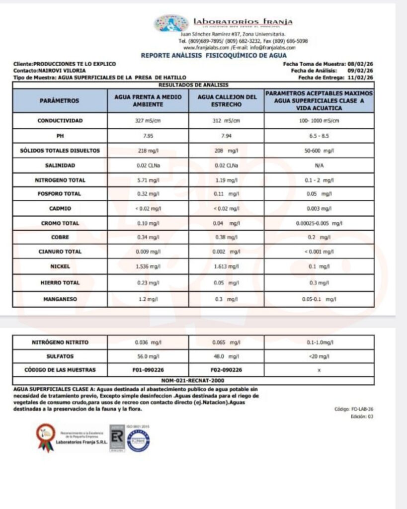 Resultados fisicoquímicos del agua de la presa de Hatillo realizados por el Laboratorio Franja. Producciones TE LO EXPLICO