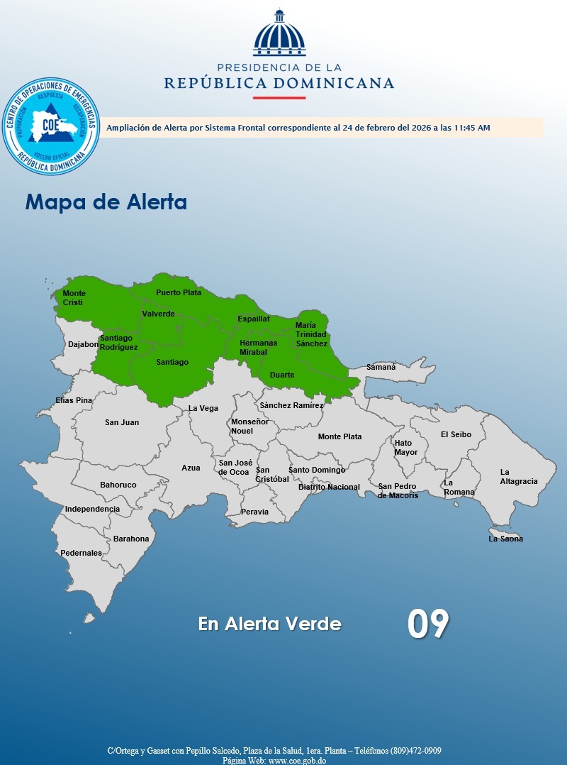 COE eleva a nueve provincias en alerta verde