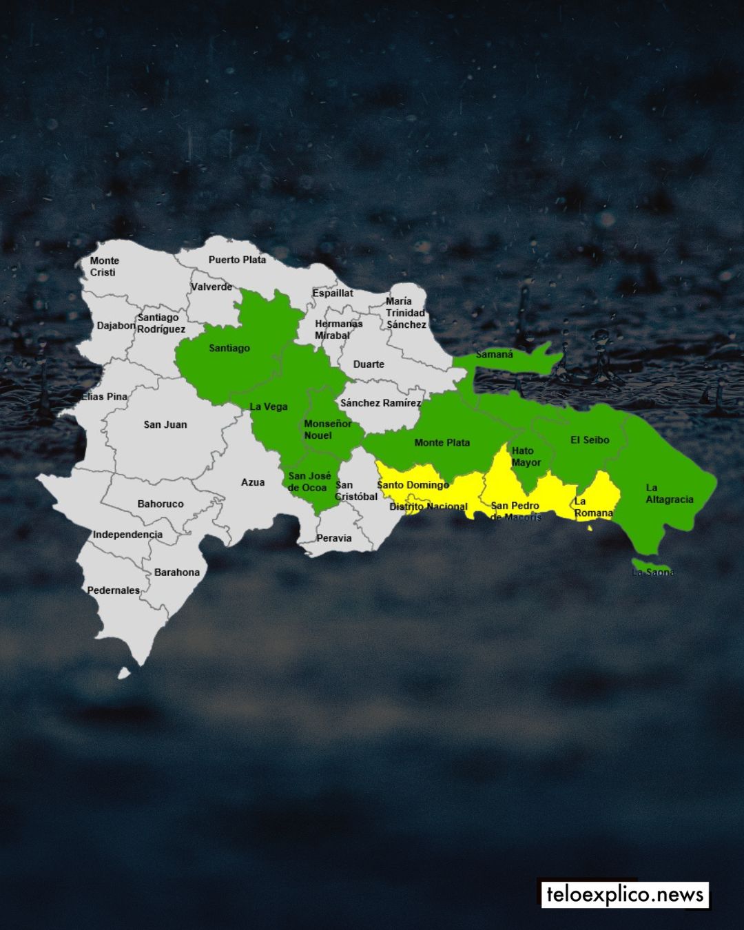4 provincias y el Distrito Nacional en alerta amarilla y eleva a 9 en verde por vaguada