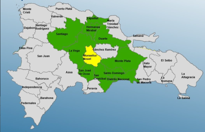 COE mantiene una provincia en alerta amarilla y eleva a nueve provincias y el Distrito Nacional en alerta verde por vaguada