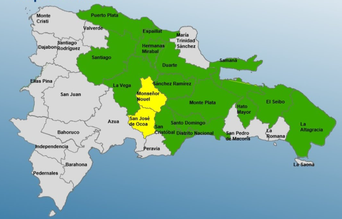 COE eleva a dos las provincias en alerta amarilla y mantiene 14 y el Distrito Nacional en alerta verde