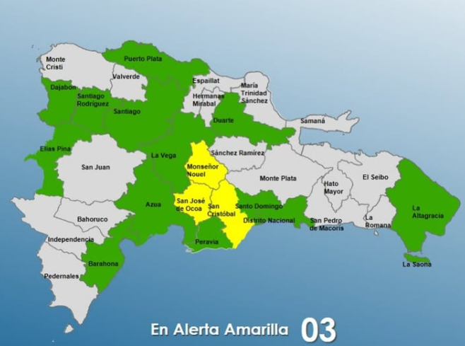 COE eleva a 3 las provincias en alerta amarilla y mantiene 12 y el Distrito Nacional en verde