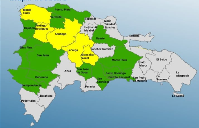 COE coloca a 5 provincias en alerta amarilla y 12 y el Distrito Nacional en alerta verde