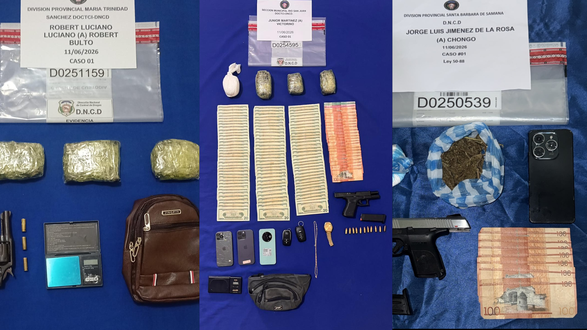 Tres detenidos y más de 3,000 gramos de drogas incautados en intervenciones simultáneas