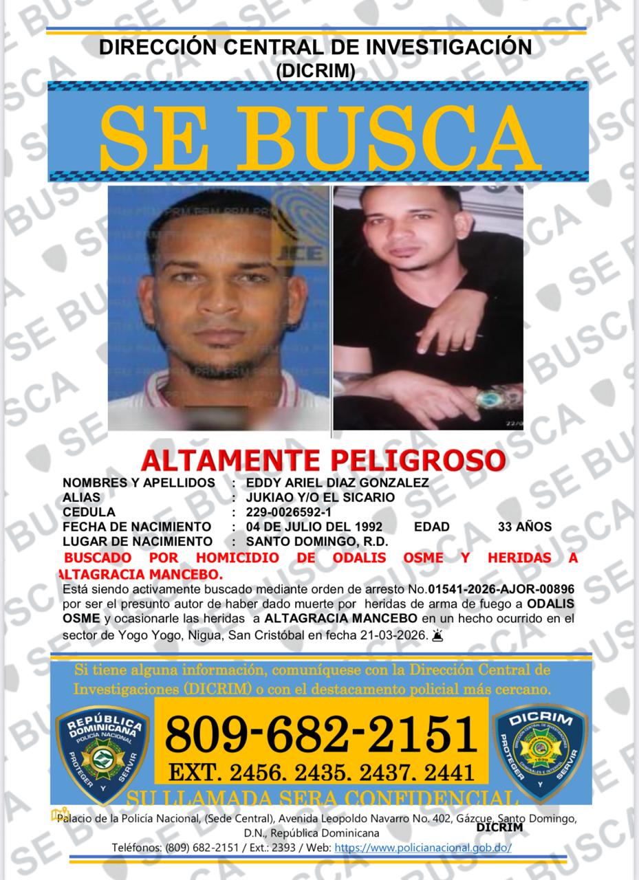 Policía Nacional activa búsqueda de “El Sicario”, acusado de muerte de un hombre y heridas a una mujer en Nigua