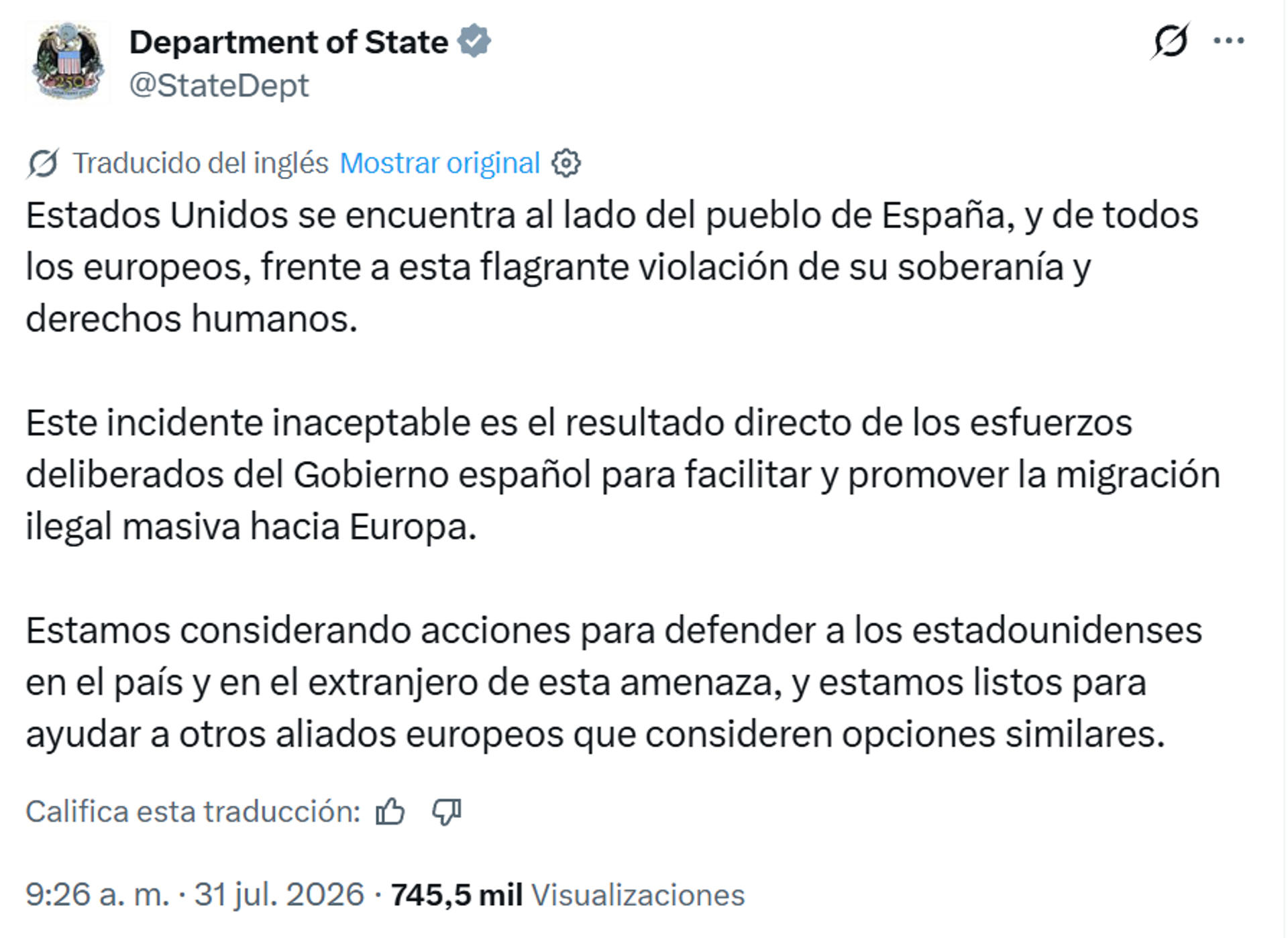 EE.UU. acusa a España de «facilitar la inmigración ilegal masiva a Europa»