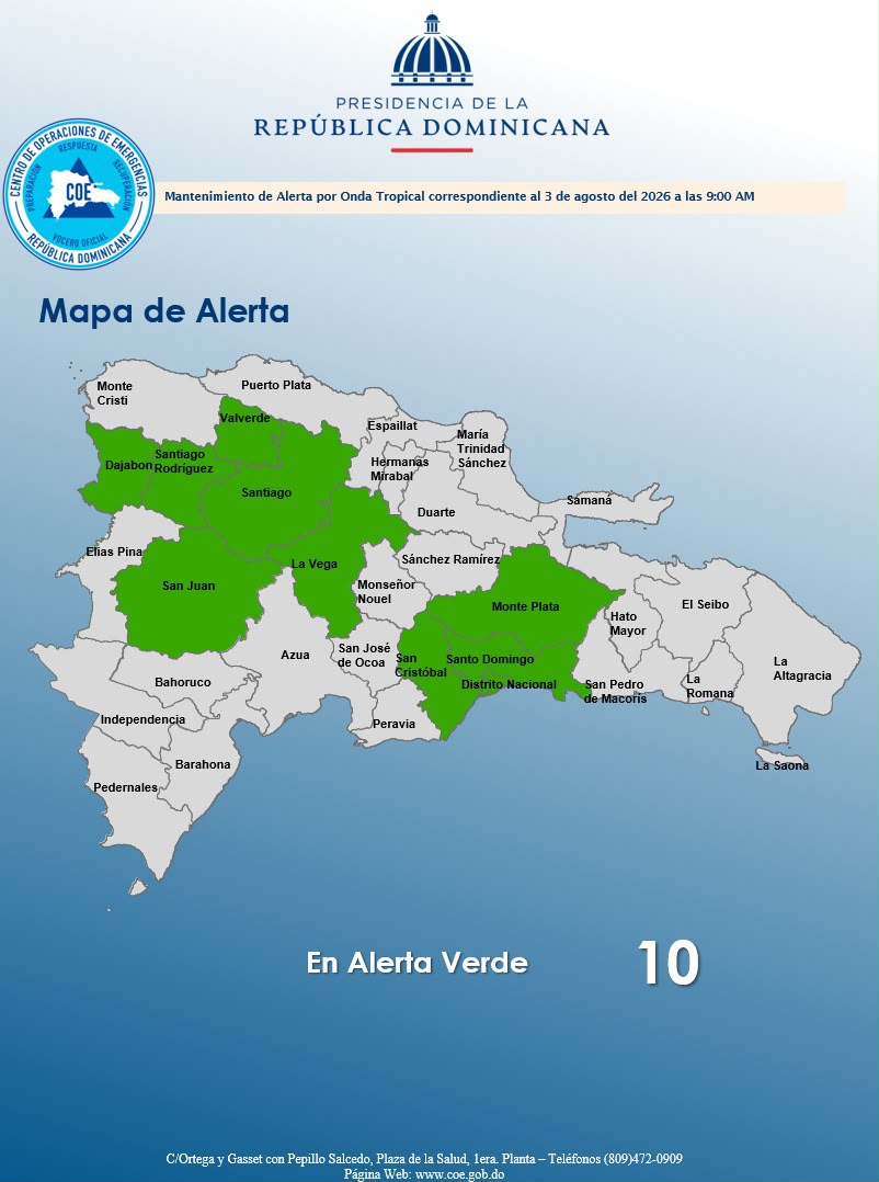 COE coloca 10 provincias en alerta por vaguada y onda tropical