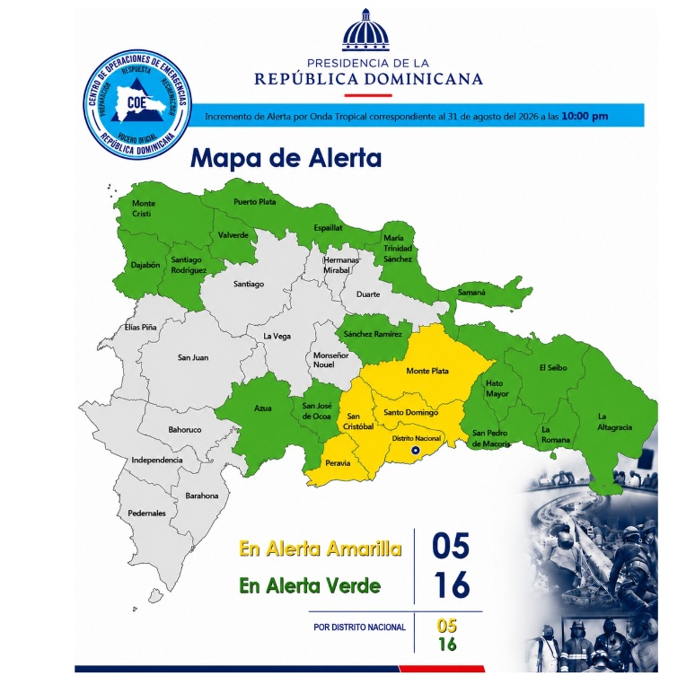 COE mantiene niveles de alerta amarilla y verde en 21 provincias