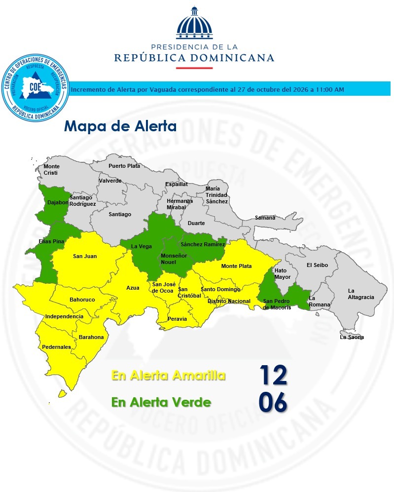 COE: 18 provincias en alerta por vaguada; San Juan y Monte Plata se elevan a amarilla