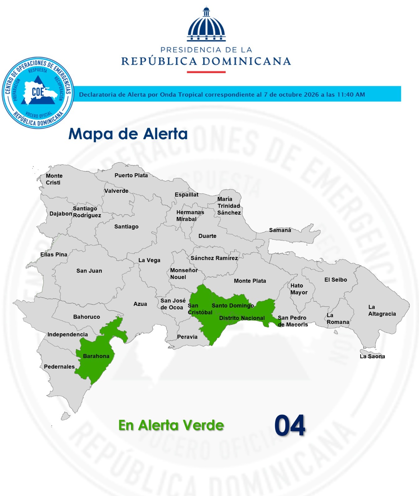 COE coloca cuatro provincias en alerta verde por una onda tropical y vaguada