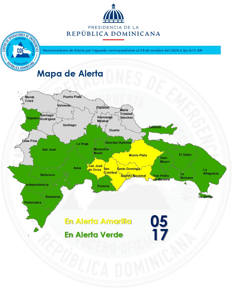 COE mantiene 22 provincias en alerta por vaguada; aguaceros continuarán