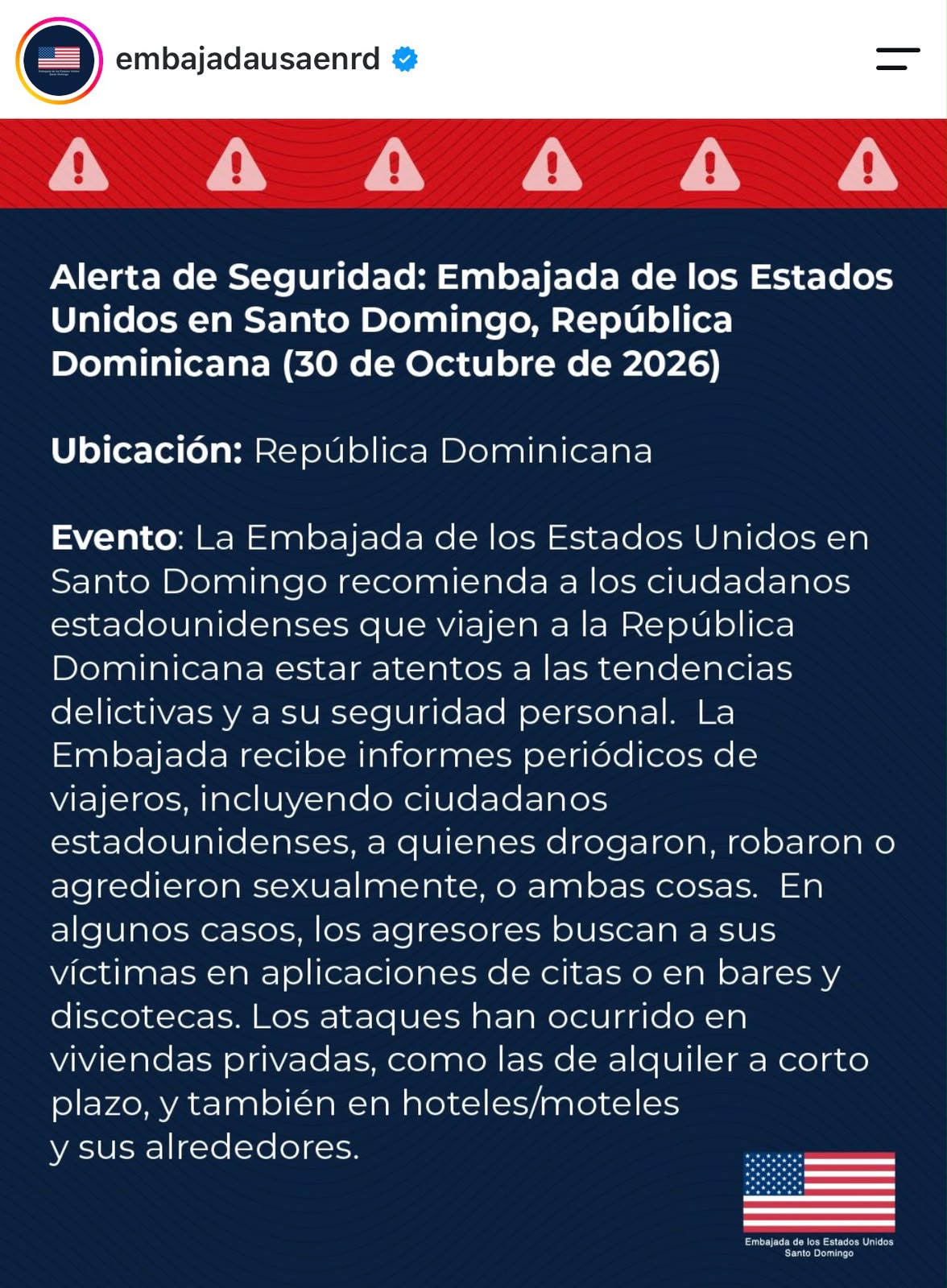 Estados Unidos emite alerta de seguridad para viajeros que visiten la República Dominicana